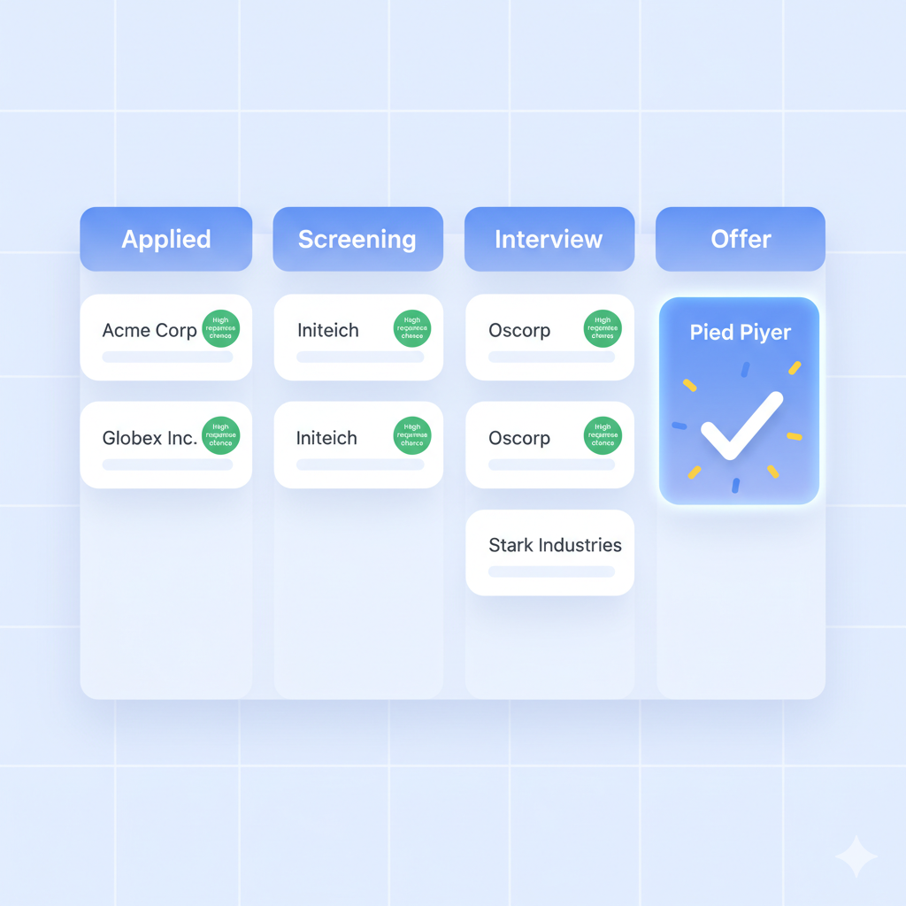Illustration of a job application pipeline board with stages from applied to offer